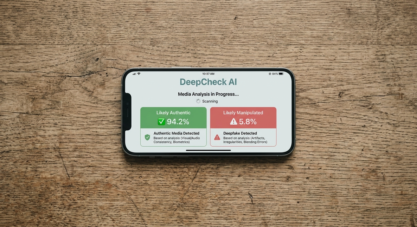 Deepfake detection interface on smartphone, representing AI content verification tools