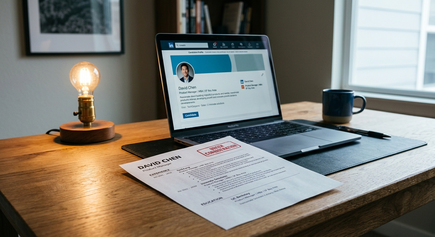 Resume with stamp mark and laptop showing candidate profile, representing AI in employment decisions