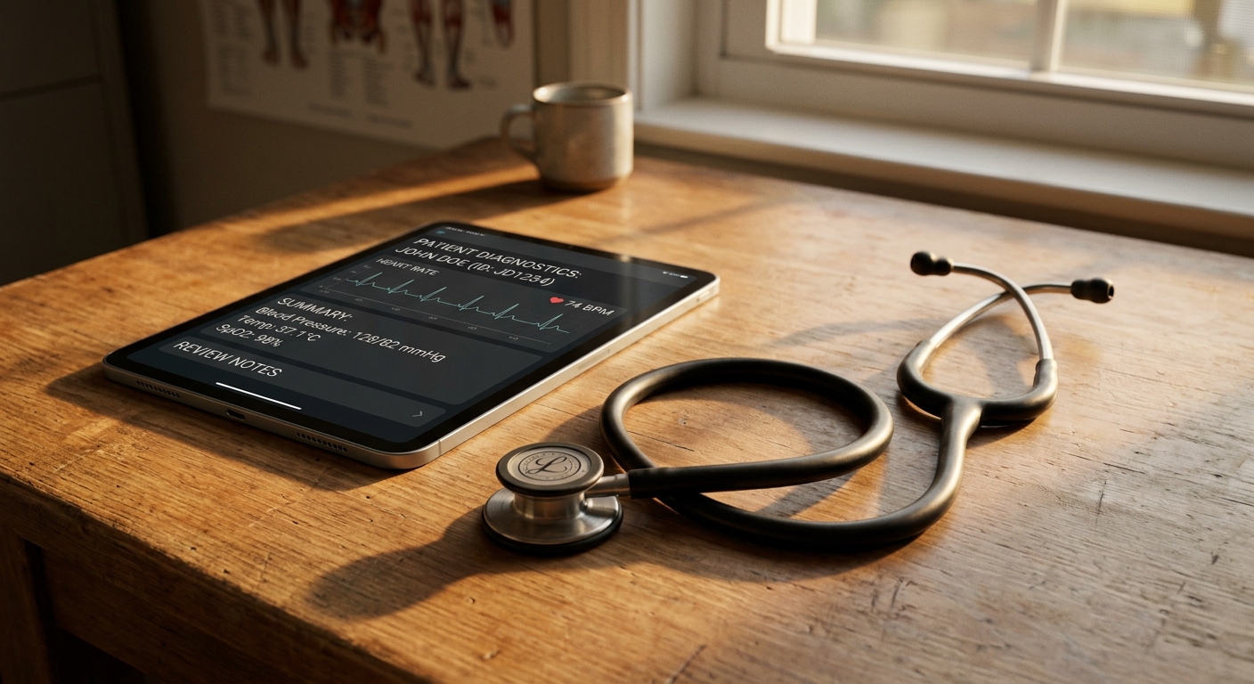 Stethoscope beside tablet with diagnostic interface, representing AI regulation in healthcare