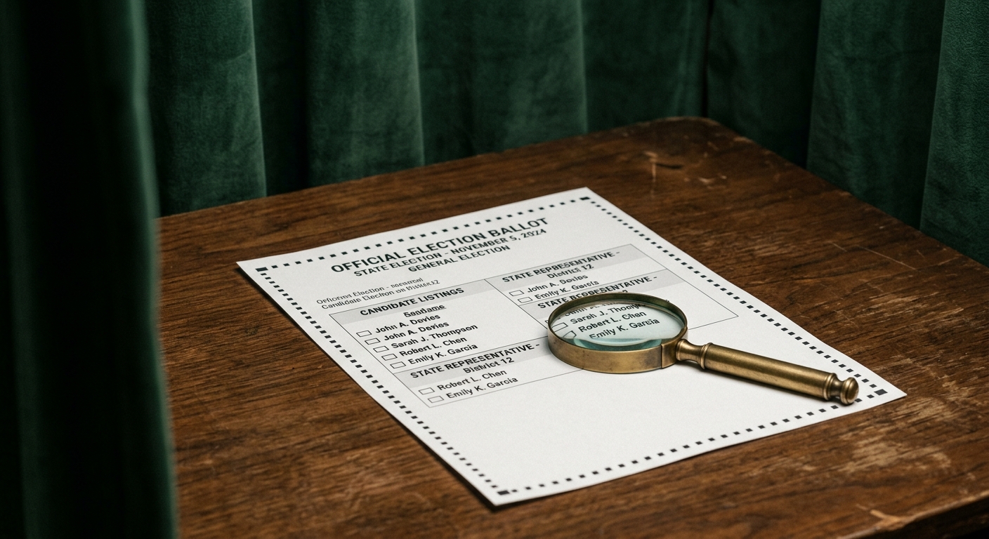 Election ballot with magnifying glass, representing AI deepfake laws targeting political content