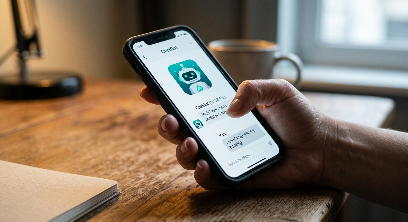 Idaho hand holding a smartphone displaying a chatbot interface with a bot avatar