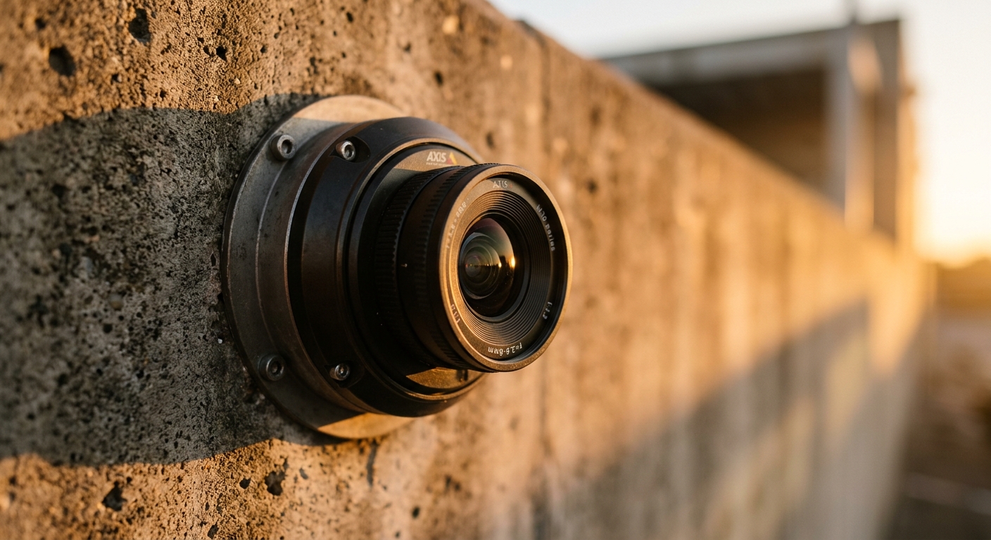 South Carolina security camera lens in sharp focus mounted on a concrete wall