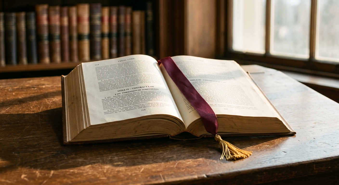 Open legal code book with bookmark ribbon, representing Arkansas Act 927's AI content ownership framework