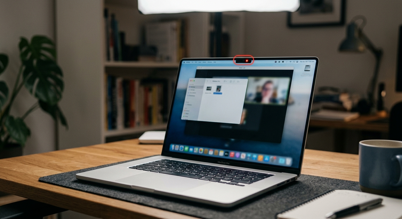Oregon laptop webcam with a red recording light on in a home office