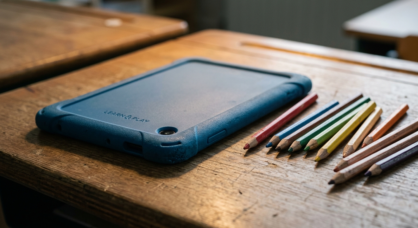 Pennsylvania child-sized tablet device on a school desk beside colored pencils
