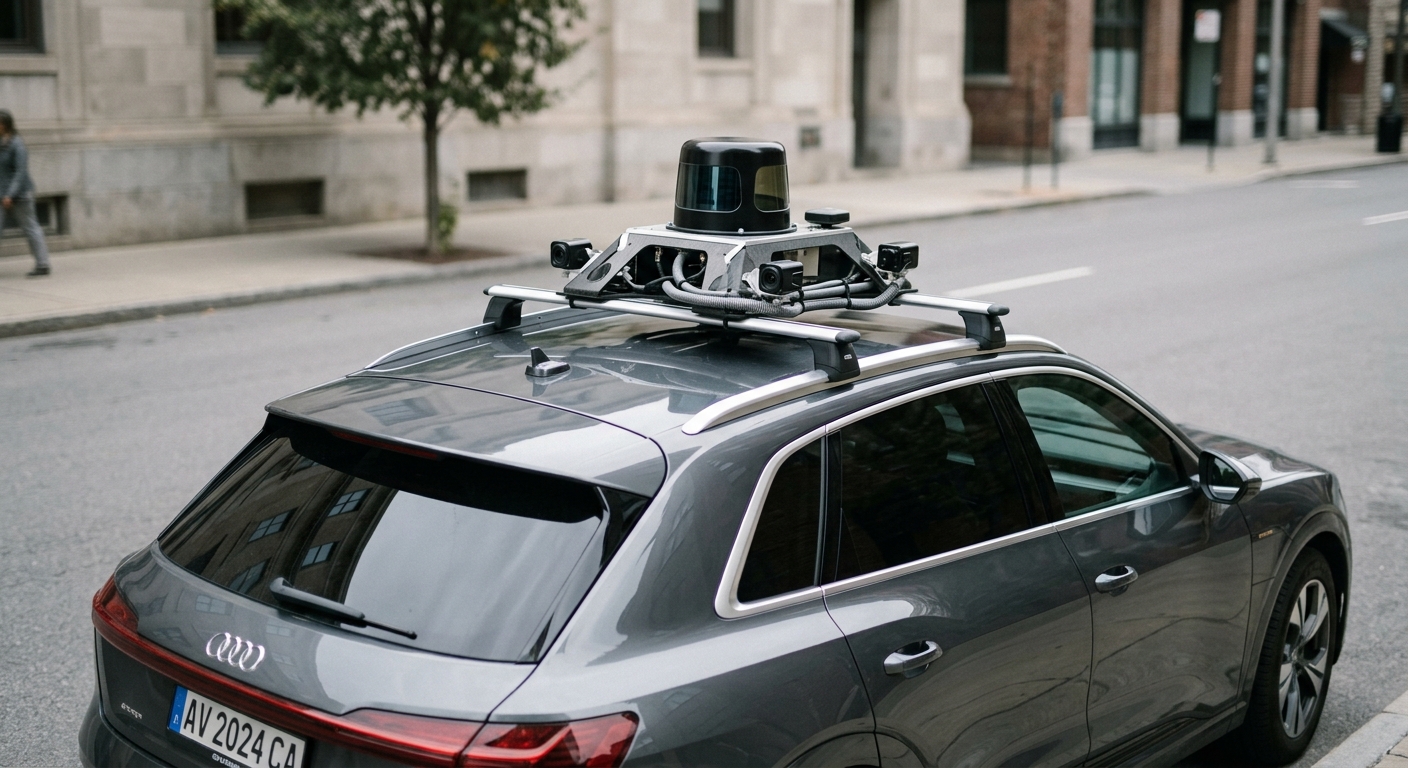 South Dakota autonomous vehicle sensor array mounted on a car roof on a clean street