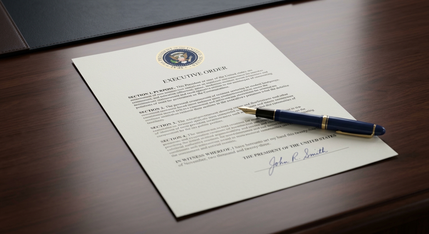 Executive order document with official seal on desk, representing federal AI policy
