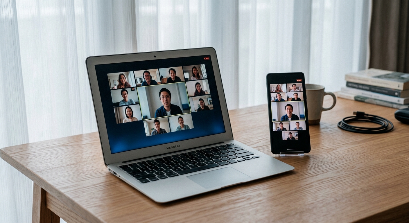 Smartphone and laptop side by side on a desk, both showing the same video call interface