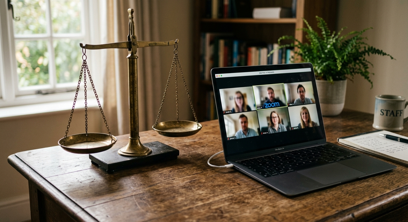 Pair of brass justice scales on a desk beside a laptop showing a video call grid