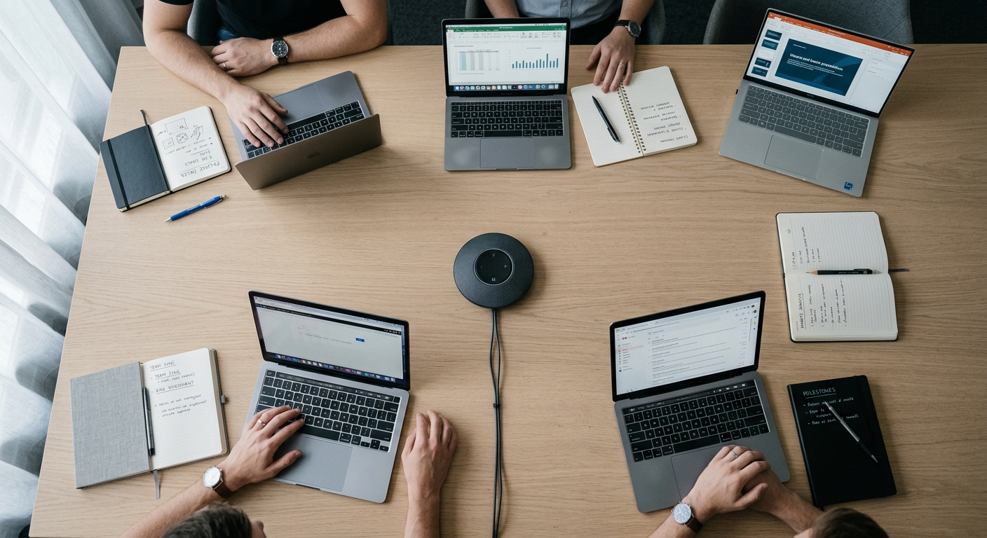 Overhead view of a clean conference table with a central microphone, laptops arranged around it