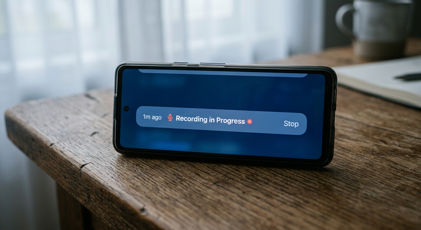 Close-up of a screen notification banner reading Recording in Progress on a blue background