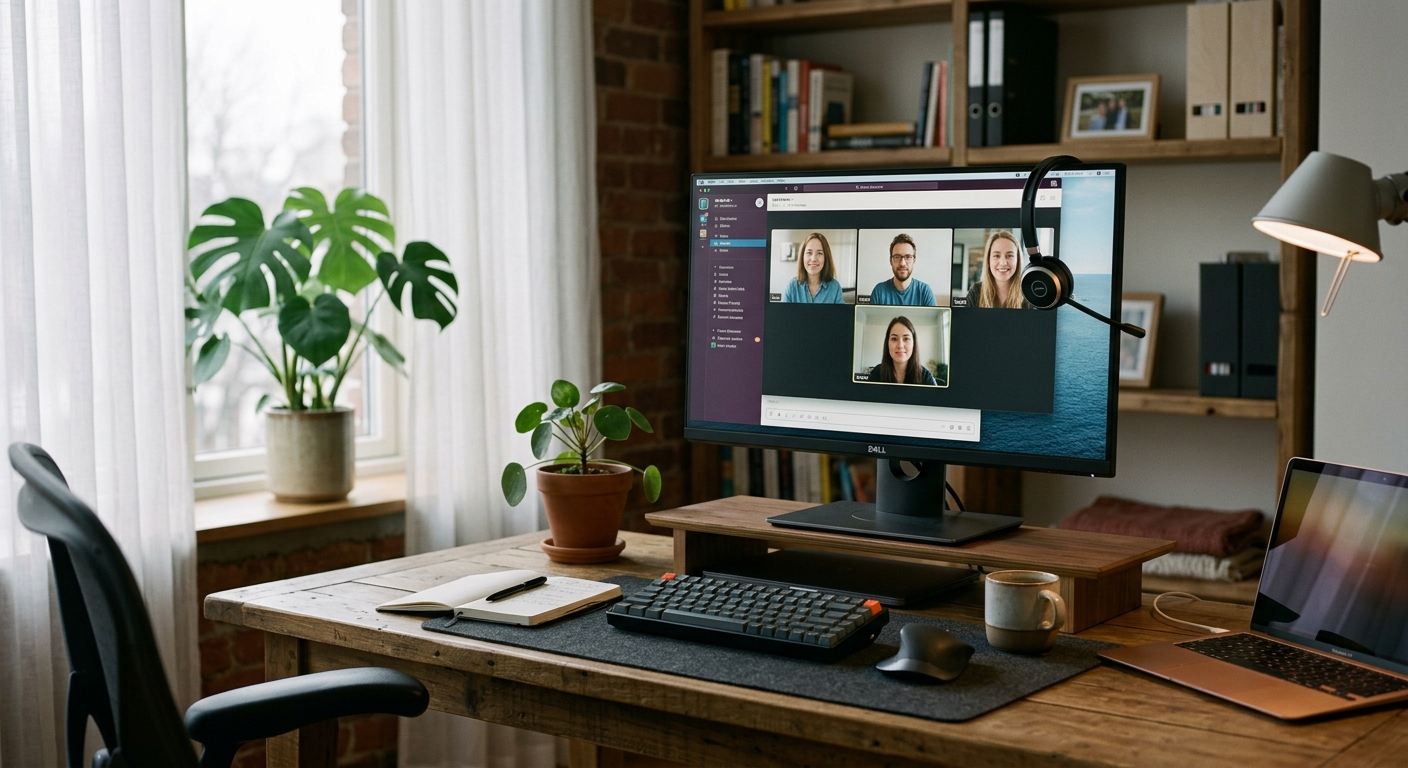 Home office desk with a monitor showing a video call, headset hanging on the monitor, plant in background