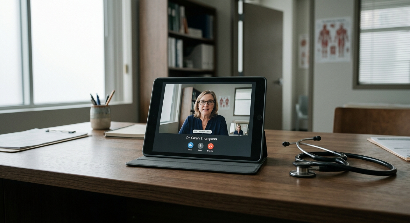 Tablet on a medical office desk showing a telehealth video interface, stethoscope beside it