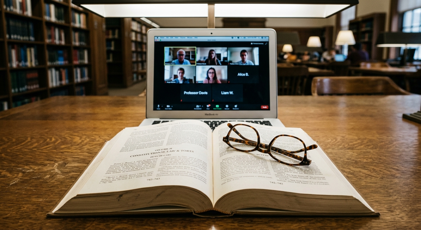 Open law book with reading glasses on top, laptop behind it showing a blurred video call screen, library setting
