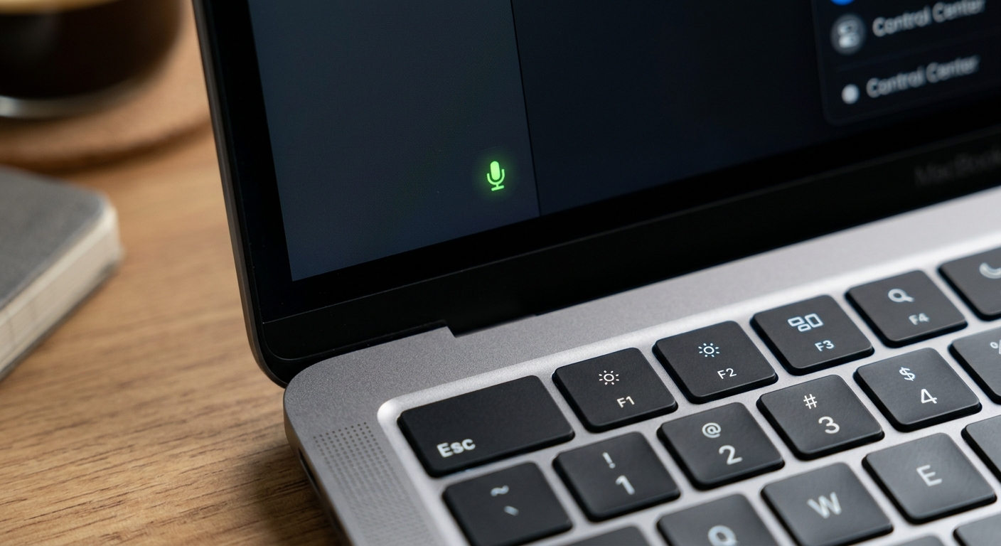 Close-up of a laptop keyboard corner with a small microphone icon illuminated on screen, shallow depth of field
