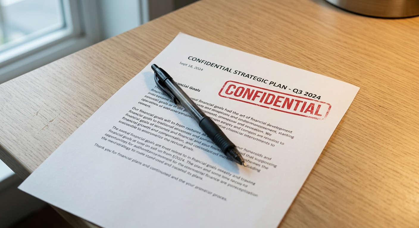 Printed document with a red Confidential stamp visible, pen resting on it