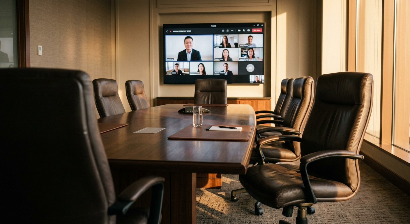 Empty corporate boardroom with leather chairs around a long table