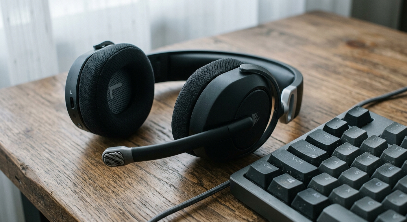 Close-up of a headset with microphone boom resting on a desk beside a keyboard, soft lighting