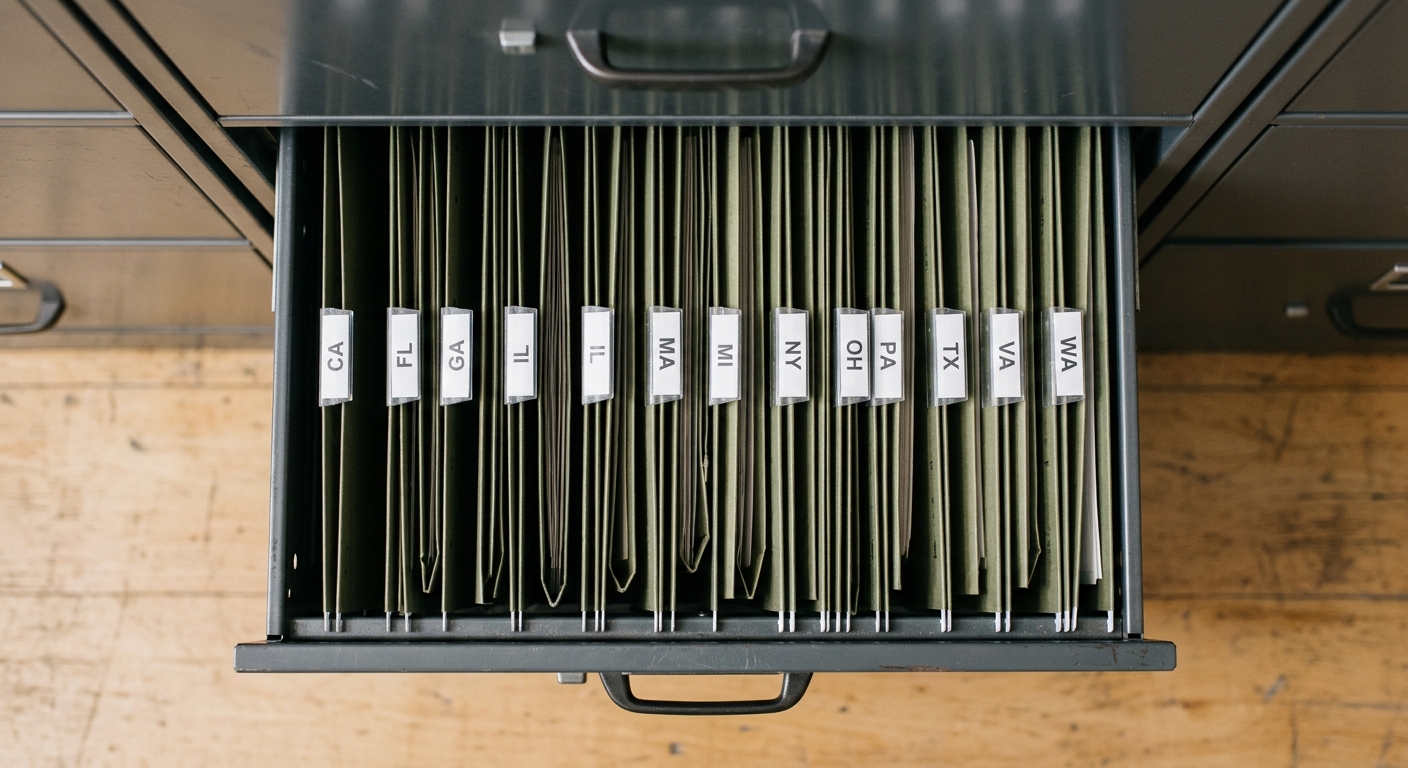 Filing cabinet drawer pulled open showing folders with state abbreviation labels, overhead view