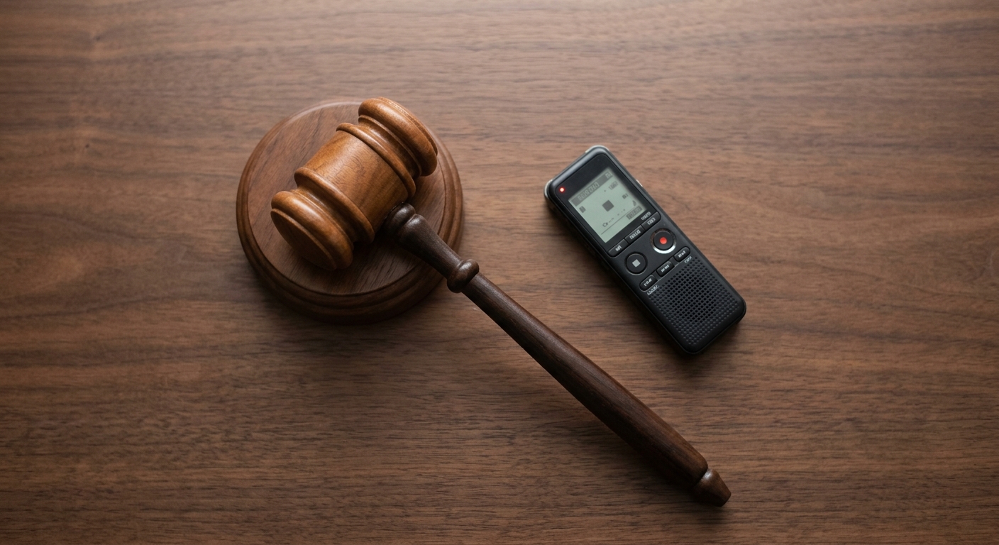 Gavel resting on a polished wood surface beside a small digital voice recorder device
