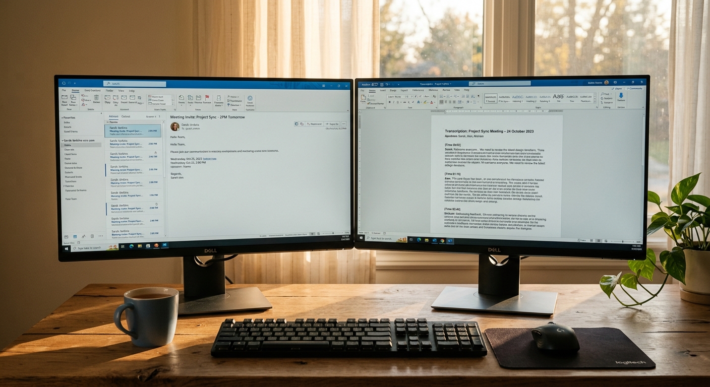 Two monitors on a desk, one showing email with a meeting invite, the other showing a transcription document