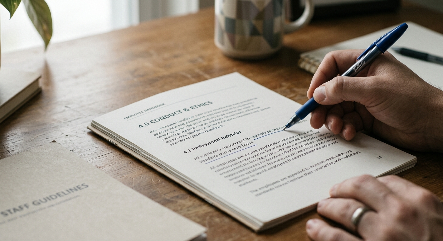 Close-up of a printed employee handbook open to a page, pen marking a line, desk background