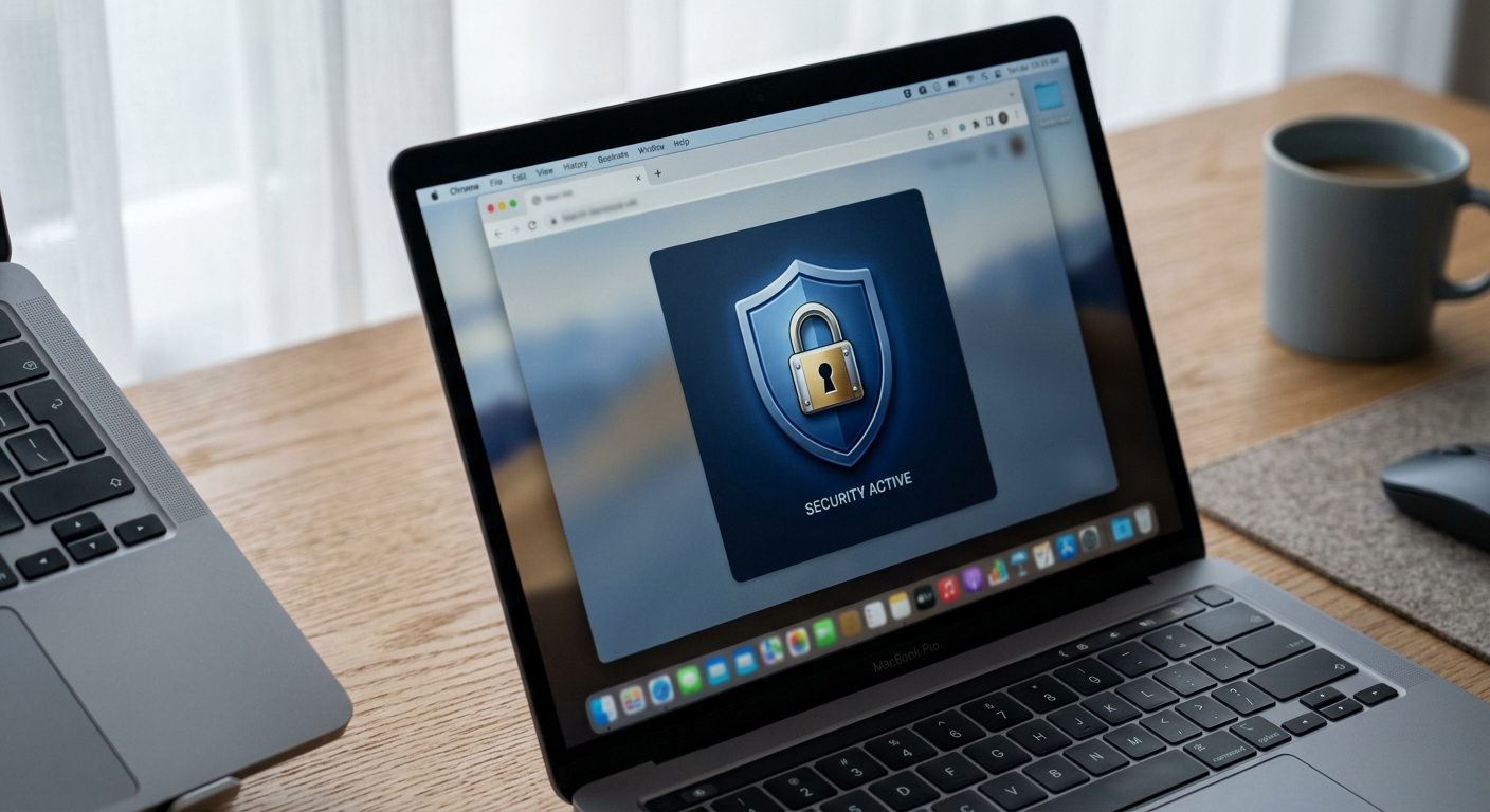 Close-up of a padlock icon on a laptop screen with a blue shield badge