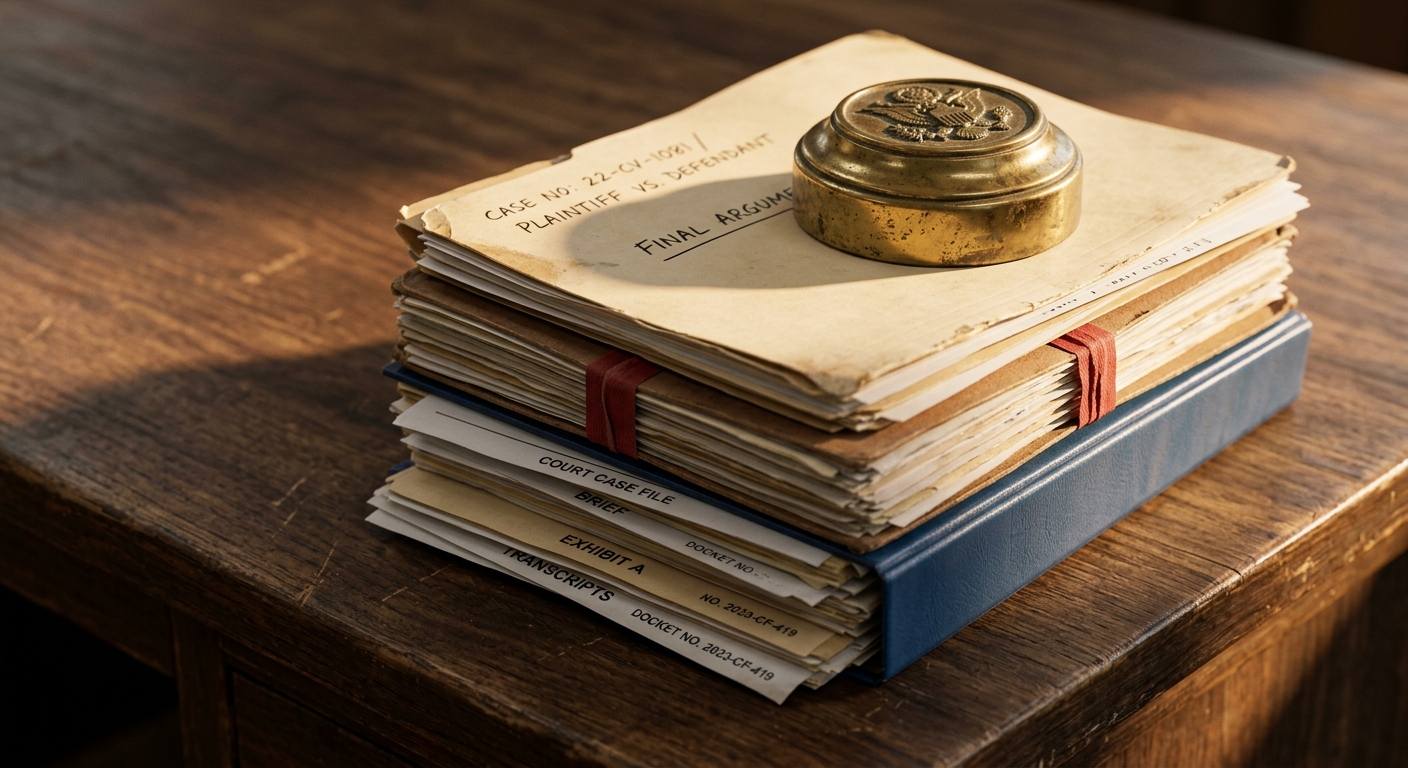 Stack of legal briefs and case files on a desk corner, brass paperweight on top