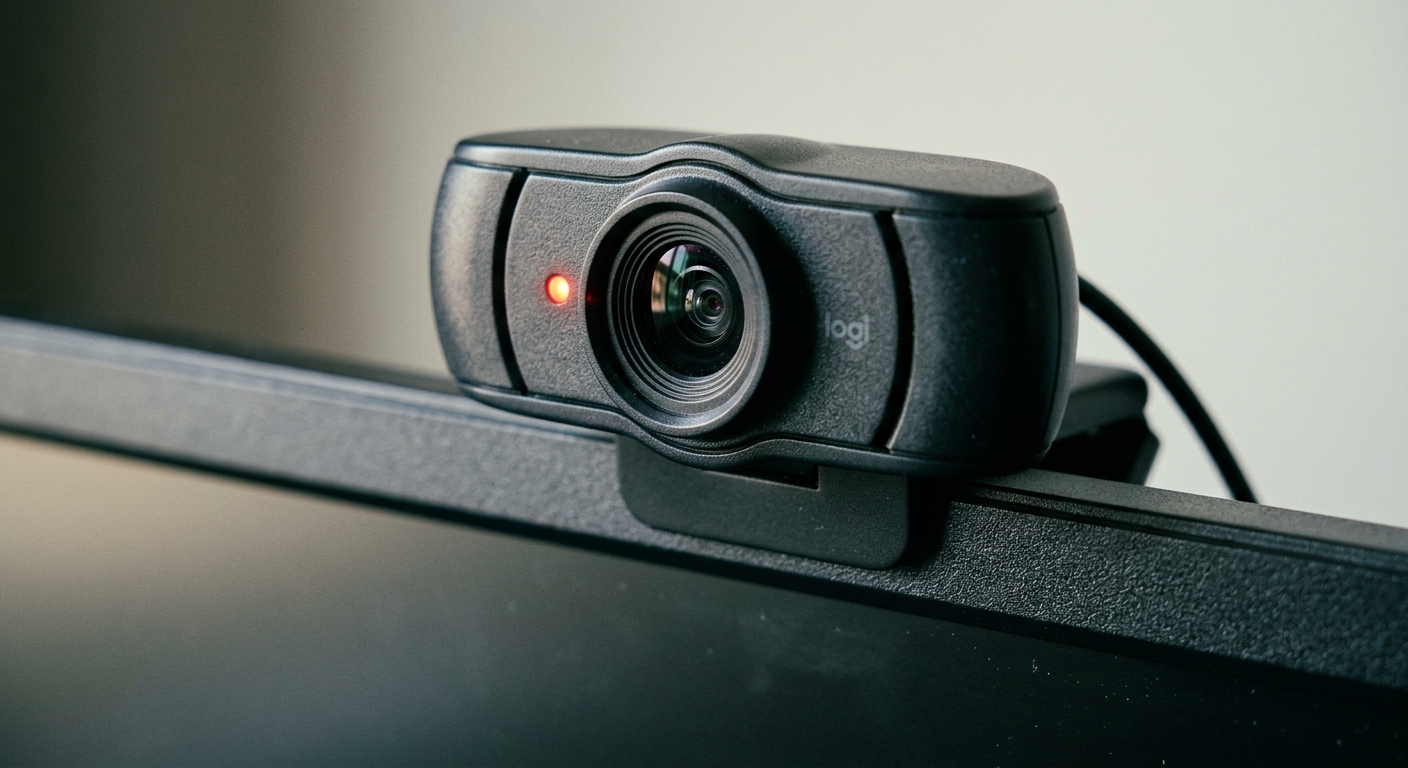 Close-up of a webcam lens with a small red recording light beside it, mounted on a monitor top