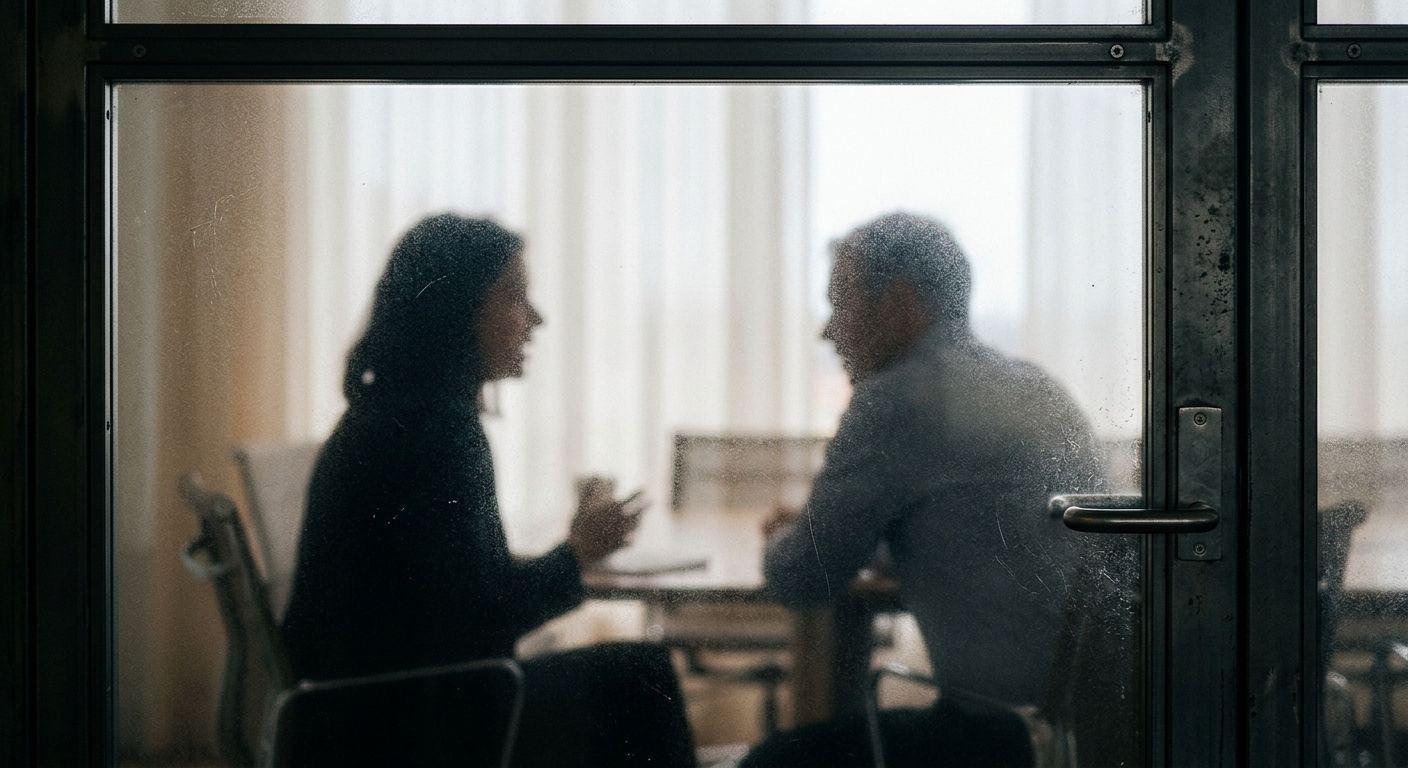 Two office workers silhouettes visible through a frosted glass conference room door, backlit