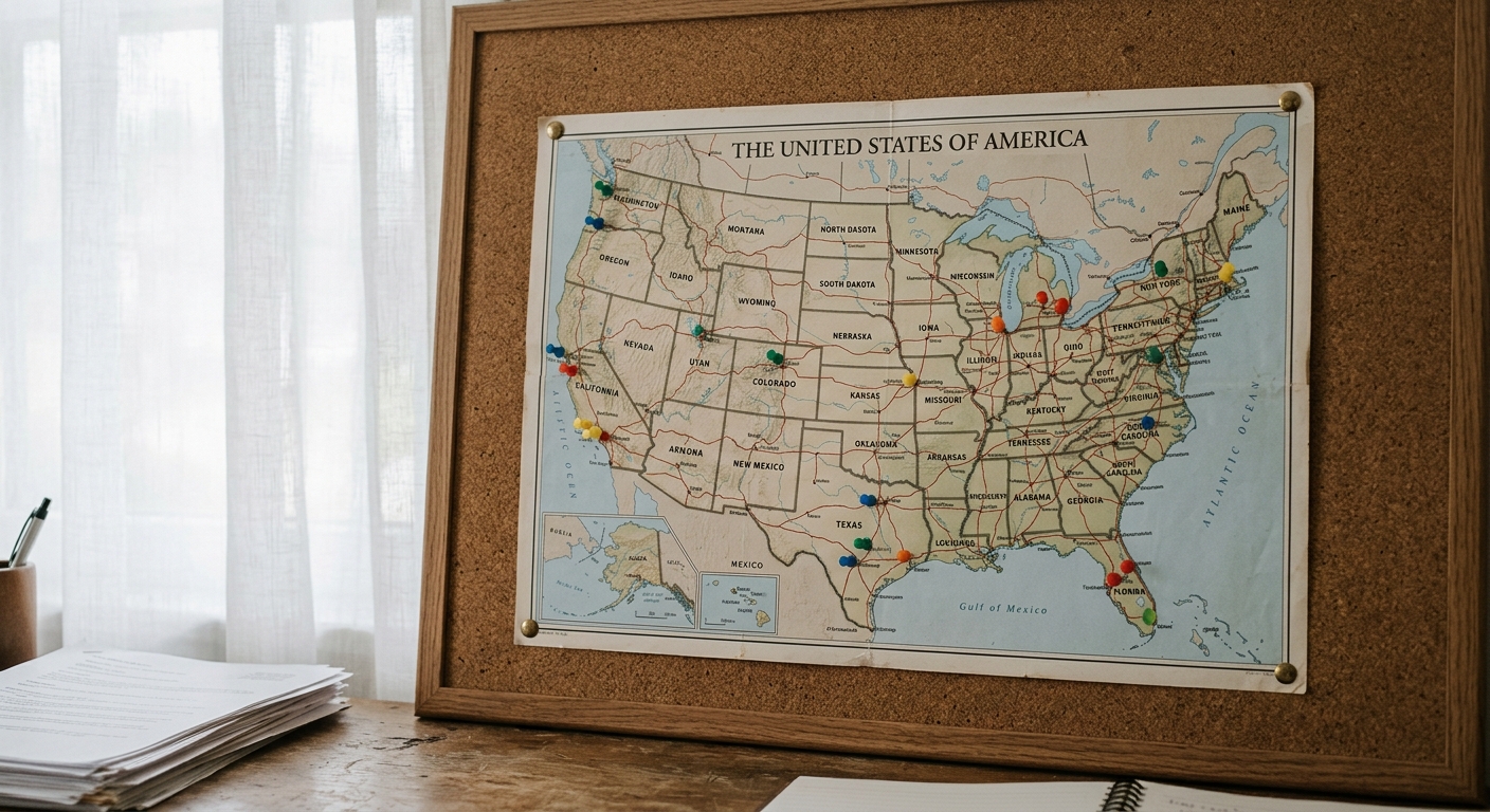 Map of the United States printed on paper pinned to a cork board with colored pins in various states