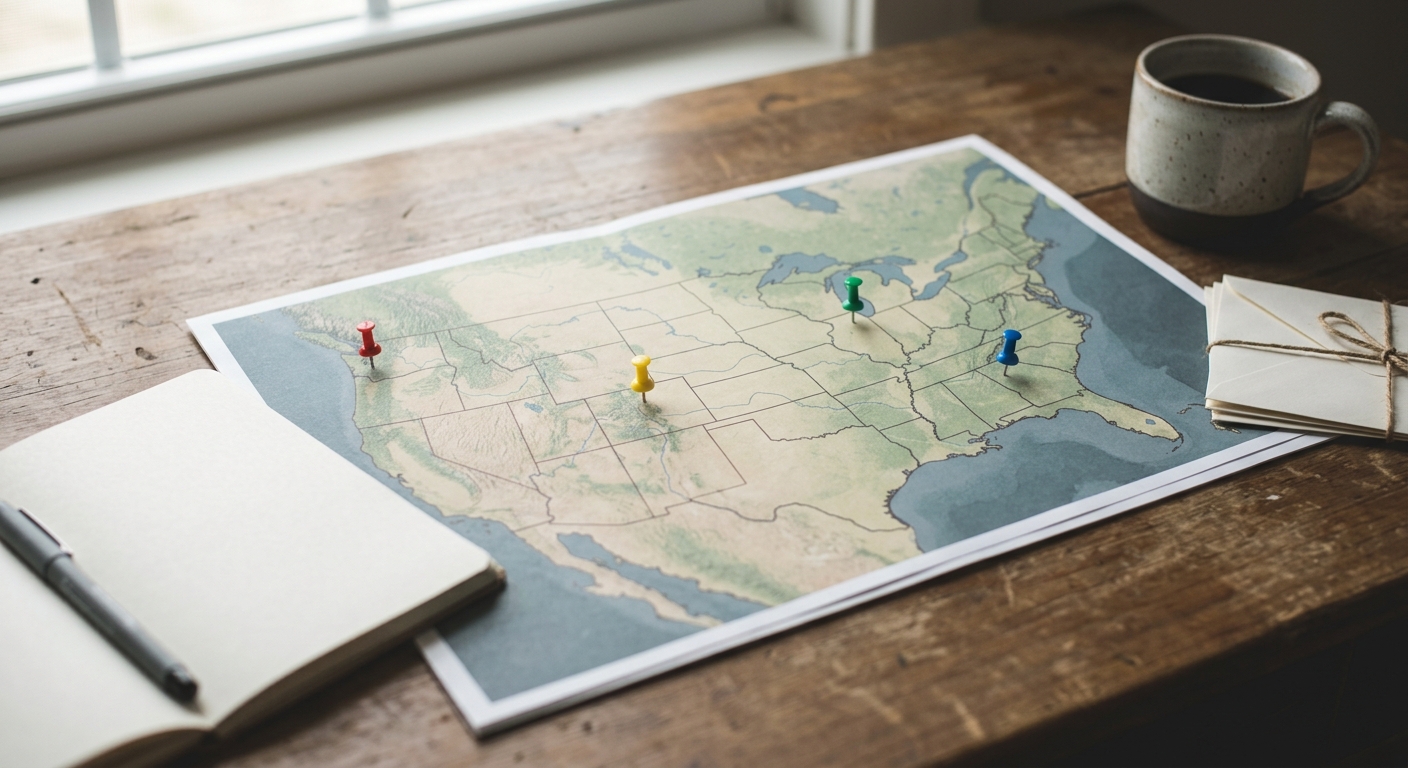 a printed map of the United States on a desk with a few small colored pins