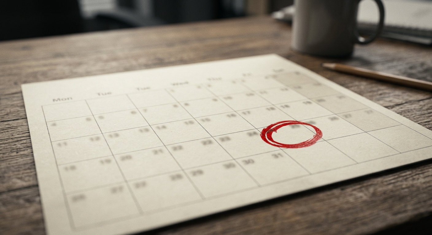a wall calendar page with one date circled in red marker resting on a desk