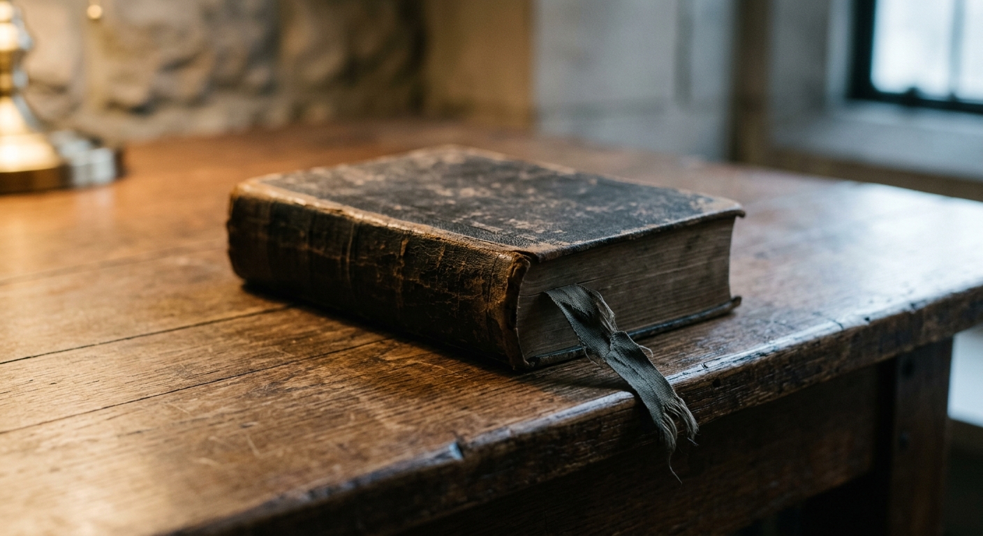 a closed law book with a faded ribbon marker resting on a bench