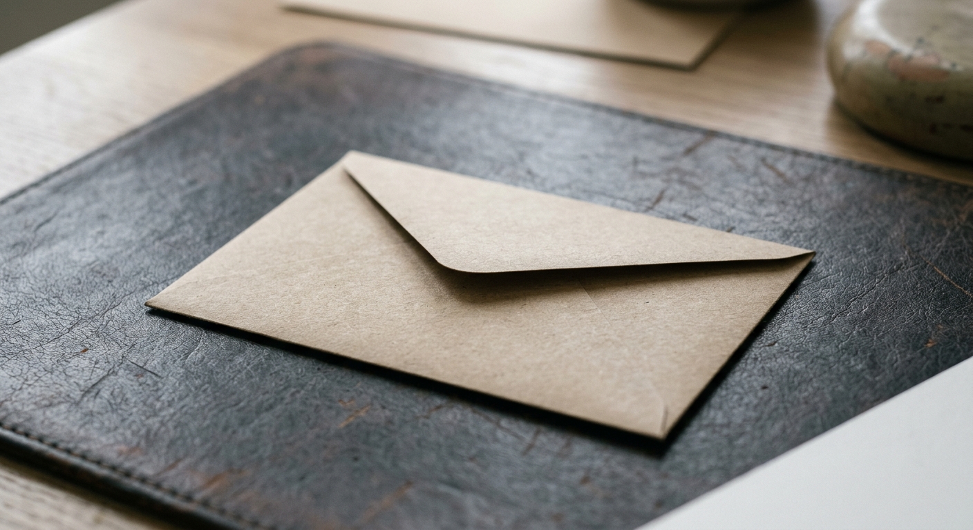 a single envelope resting on a desk blotter in soft light