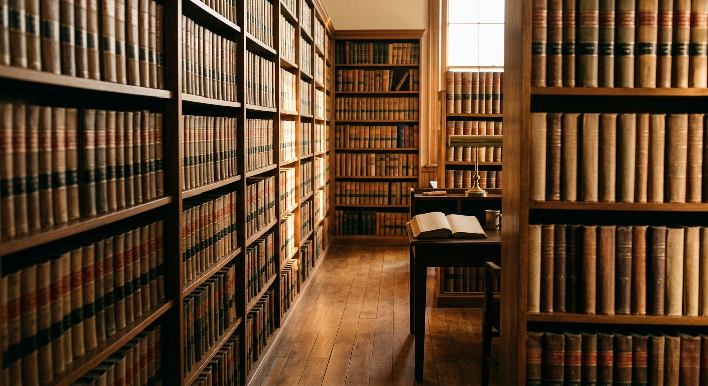 a quiet law library aisle with tall shelves of bound legal volumes