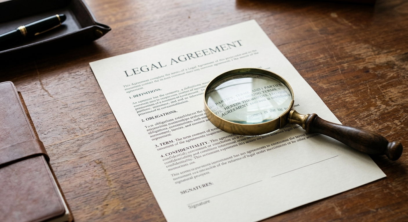 a magnifying glass resting on a printed legal form on a desk