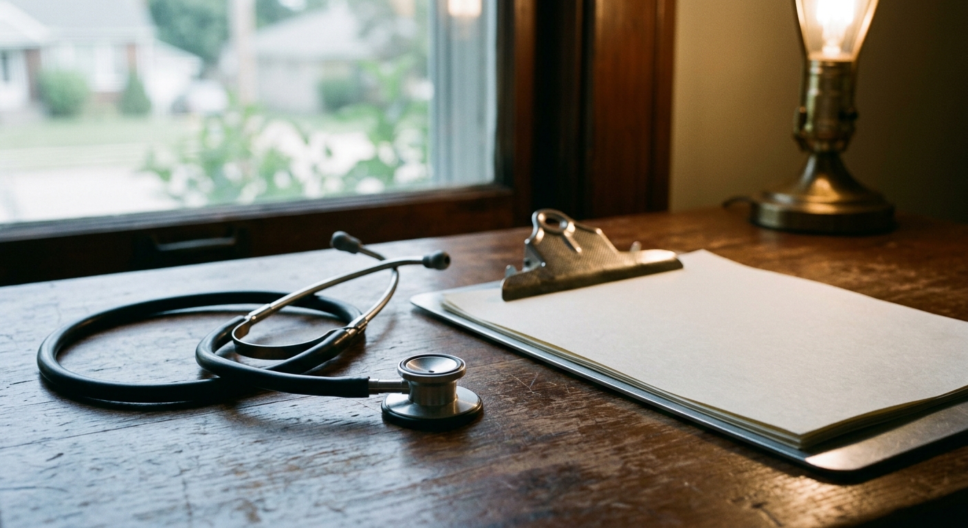 a stethoscope and a clipboard resting on a desk near a window