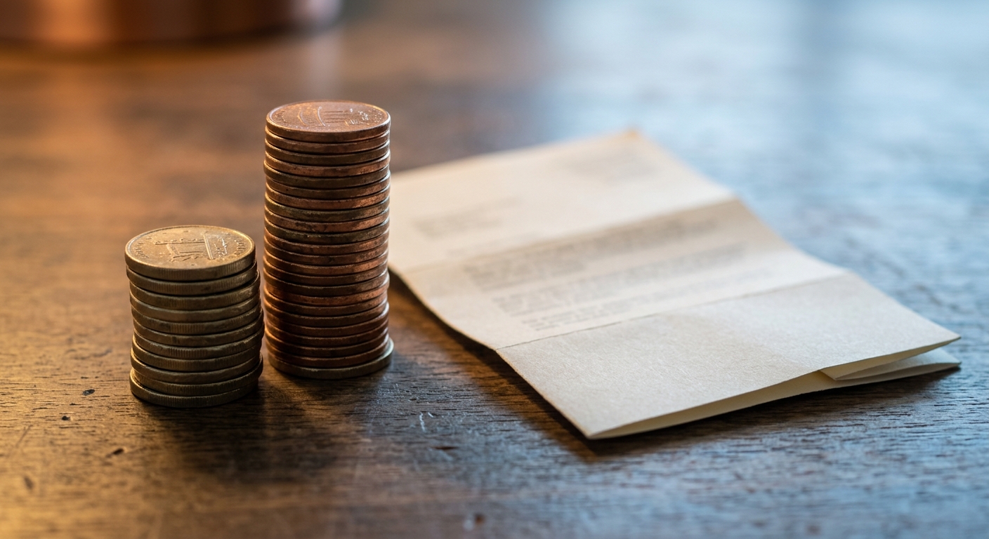 two stacks of coins of different heights on a desk beside a folded document