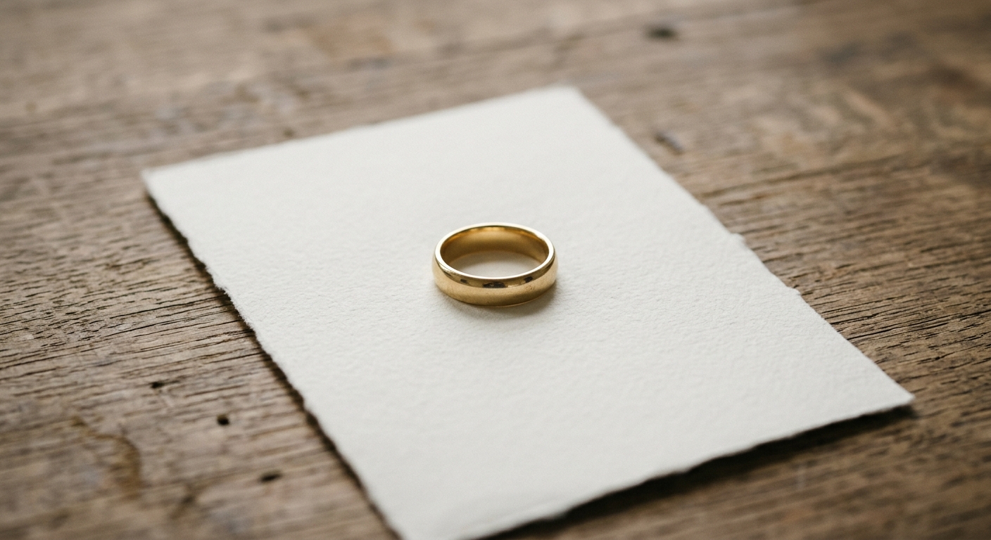a plain wedding band resting on a small document on a table