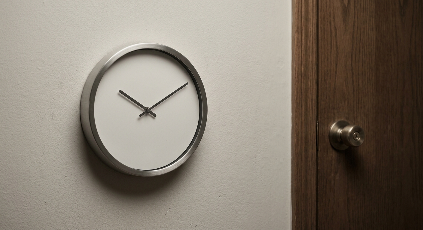 a simple wall clock on a plain wall beside a closed door