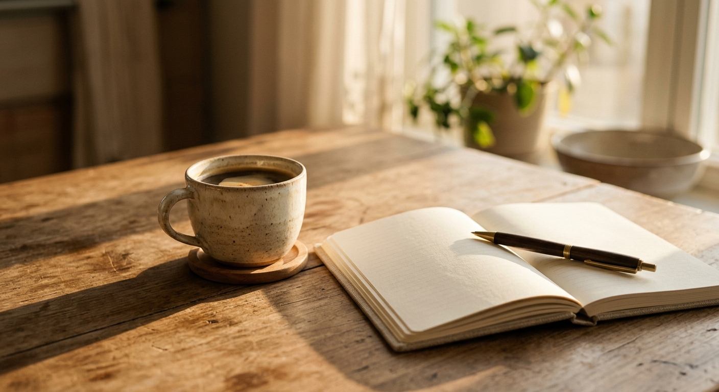 a coffee cup beside an open notebook and a pen on a kitchen table in morning light