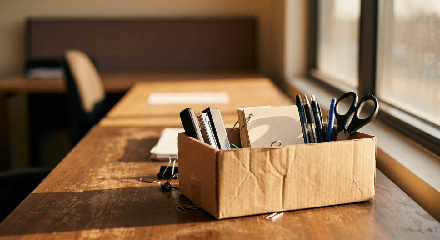 a small cardboard box with a few desk items on an empty office desk