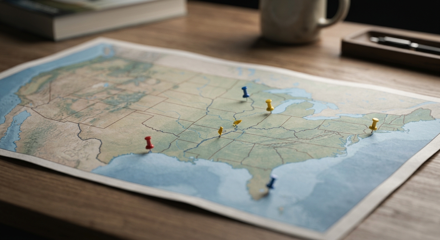 a printed map of the United States on a desk with a few small colored pins
