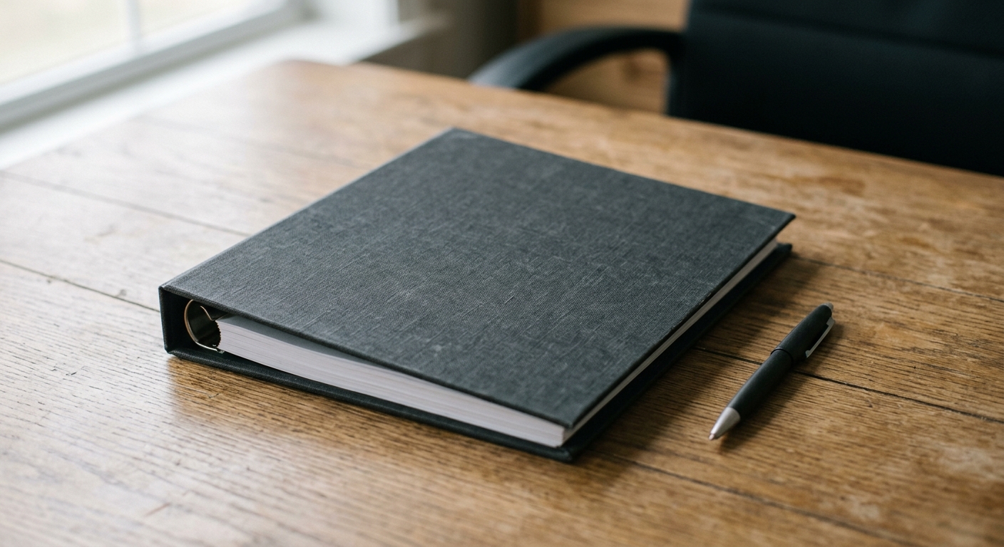 a closed employee handbook binder on a desk beside a pen