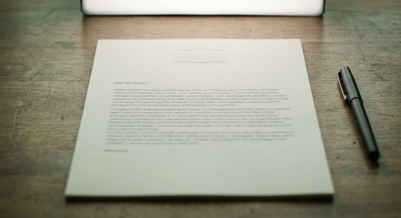 a printed letter on plain letterhead resting on a desk