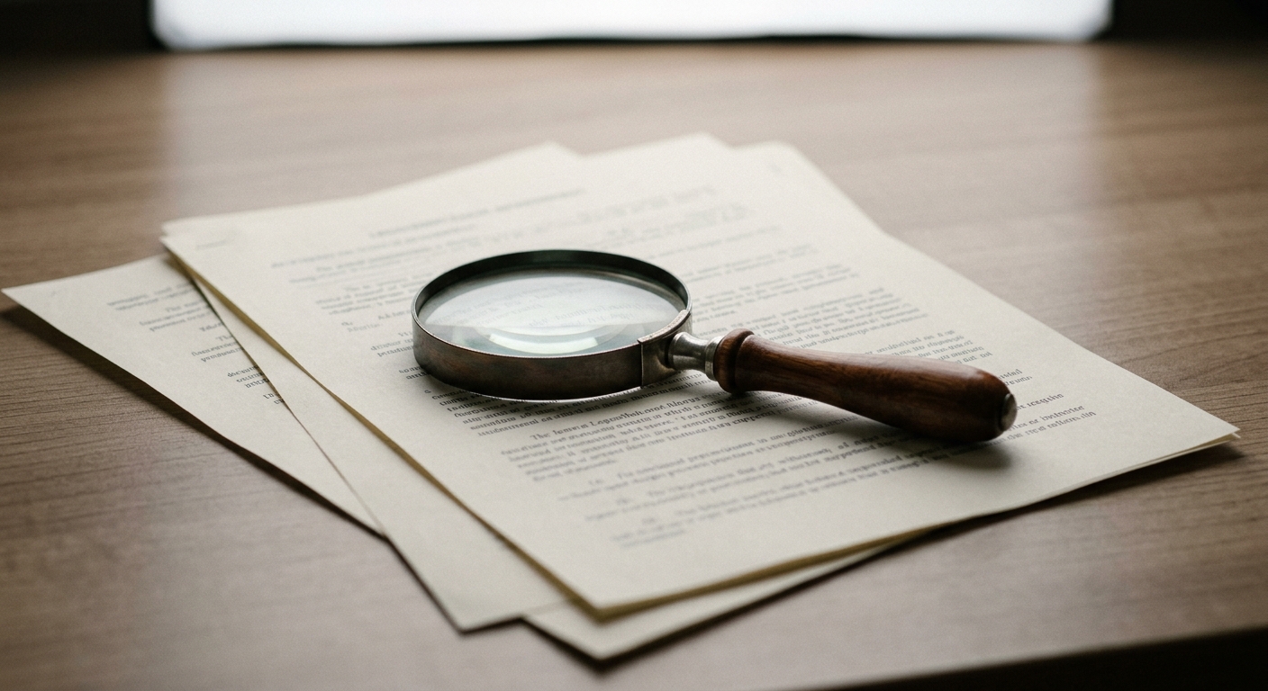 a magnifying glass resting on a printed legal document on a desk