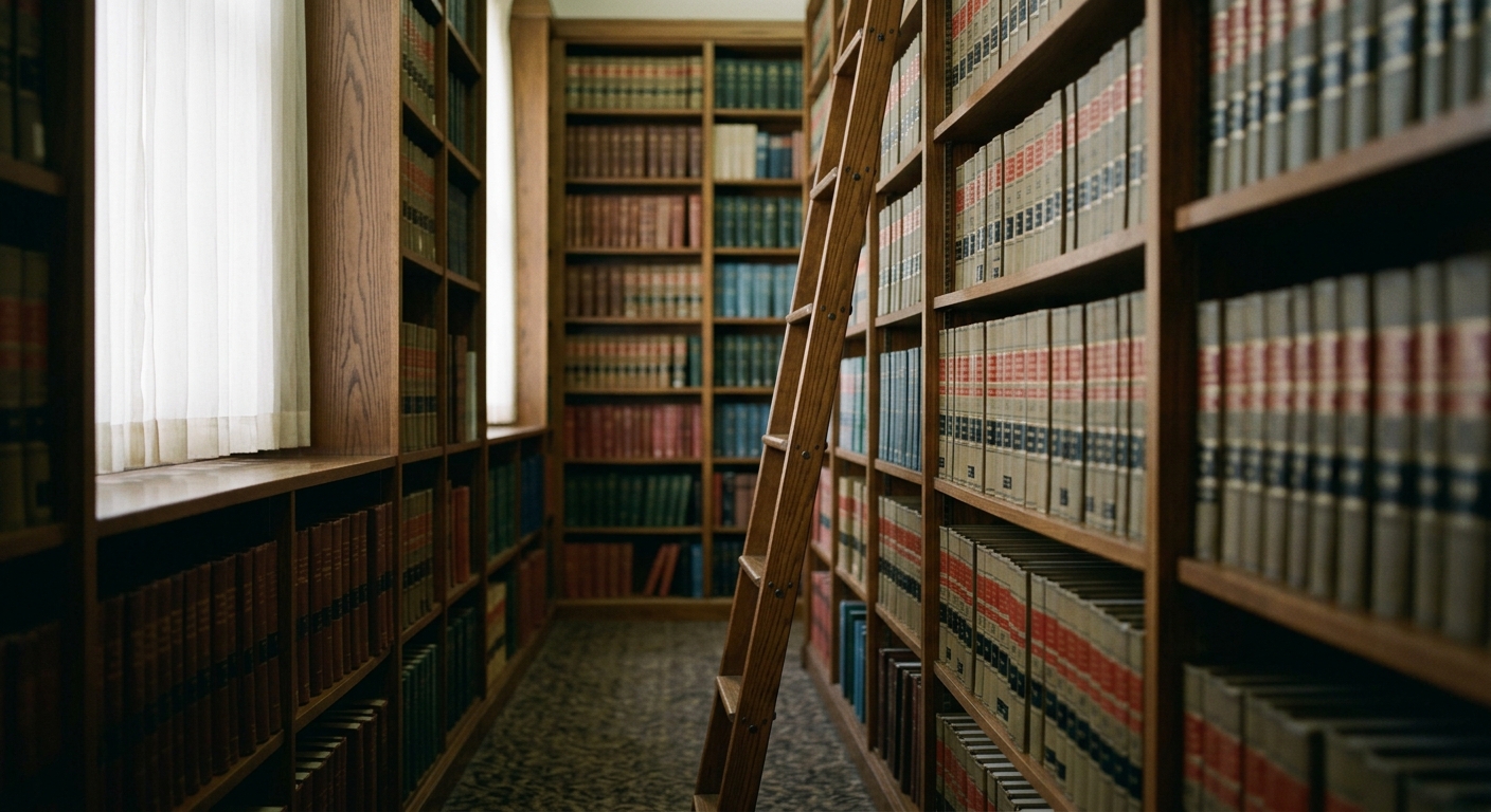 a quiet law library aisle with tall shelves of bound legal volumes