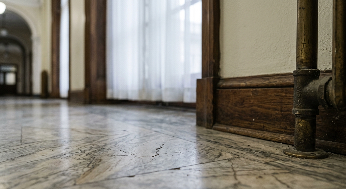 a courthouse hallway with marble floors and tall windows