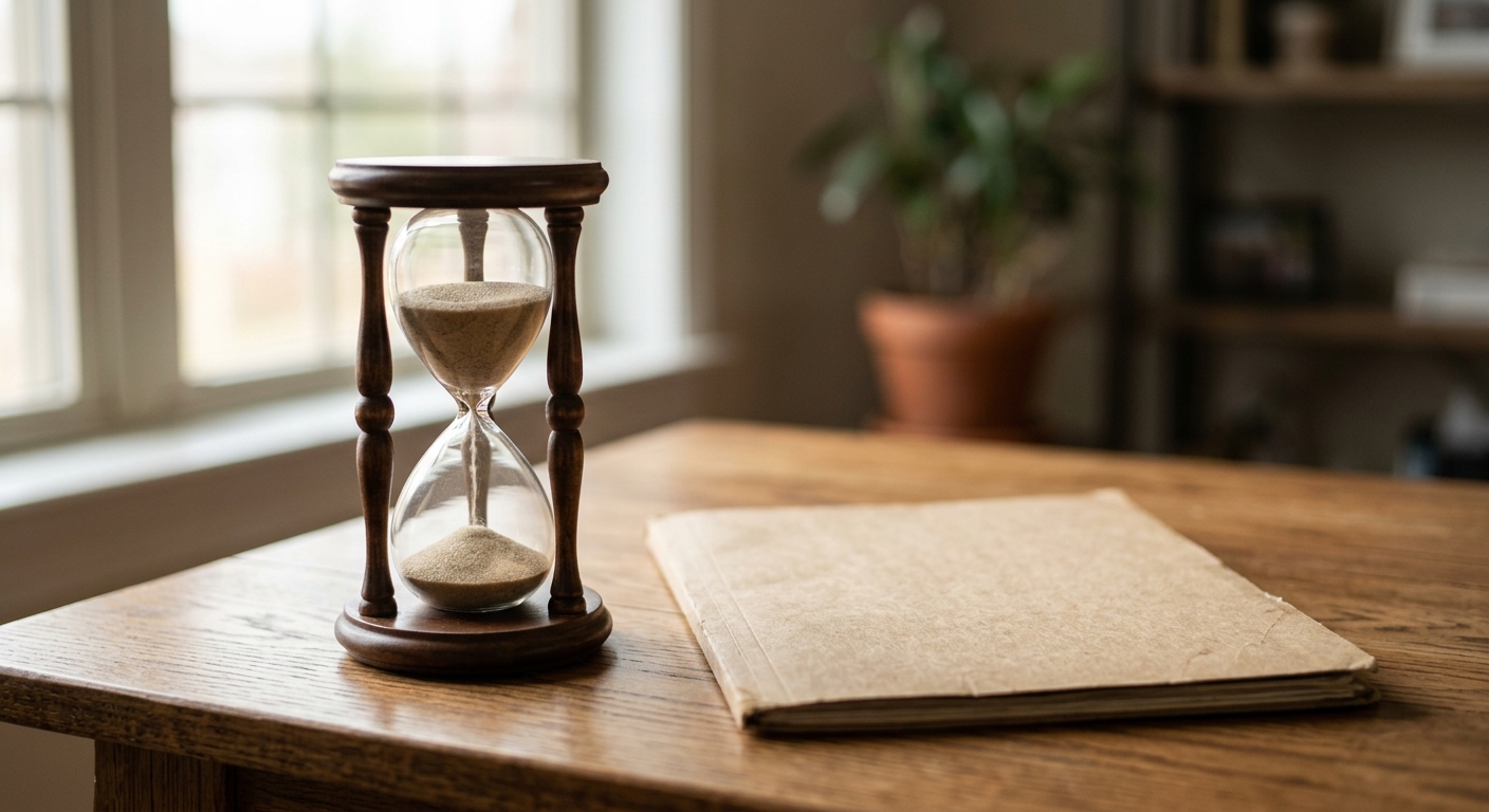 an hourglass on a desk beside a closed folder in soft window light